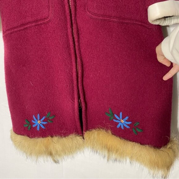 Vintage Kelsey Trail Burgundy Wool Embroidered Zip Front Parka W Fur Trim M - Picture 14 of 16